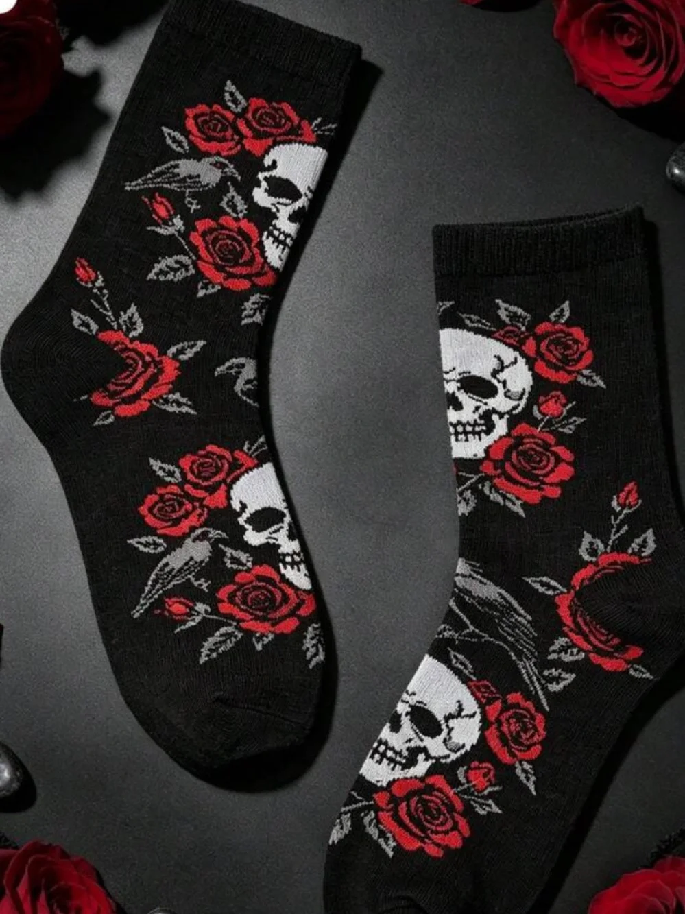 Skull & Rose Crew Socks - Black/Red